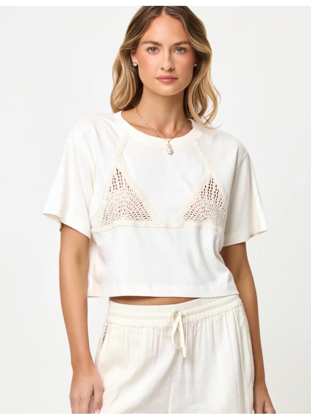 🔘L*space Women’s “core” Cream Crochet-Trim Crop Tee